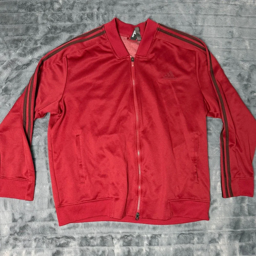 Adidas Mens 2XL Red 3-Stripe Full Zip Track Jacket Bomber Collar Activewear